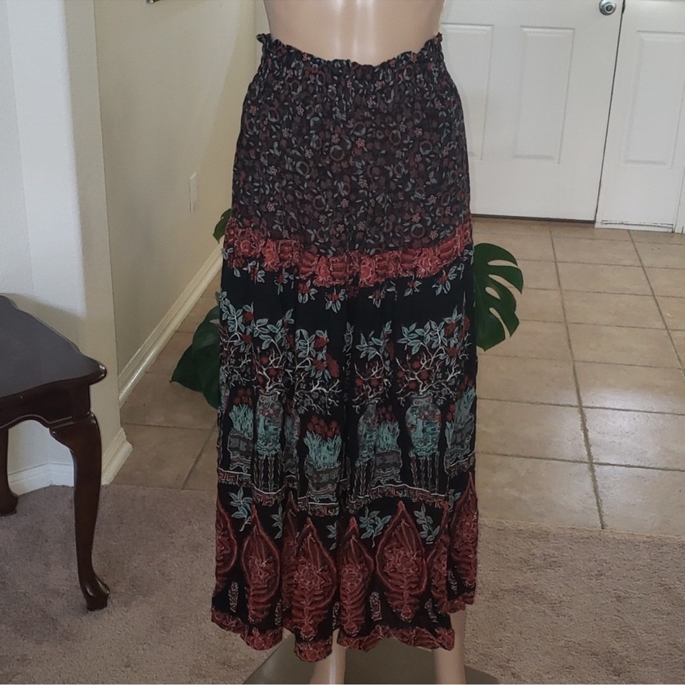 AKF m vintage maxi skirt sea lovers dream fishbowl coral rayon smock waist